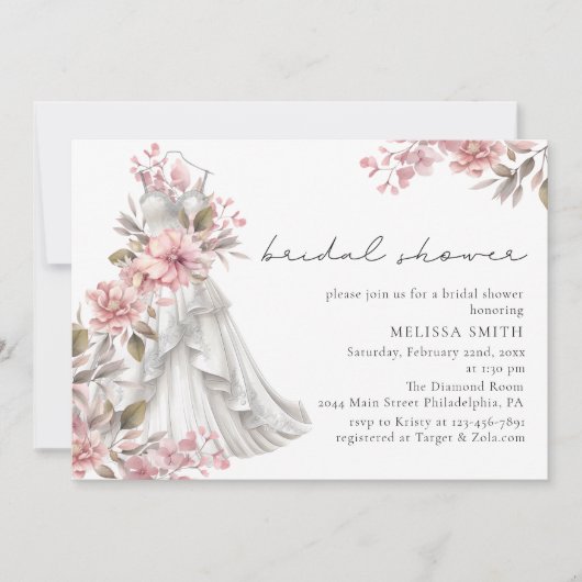 Blush Roze Bloemen Trouwjurk Vrijgezellenfeest Kaart (Voorkant)