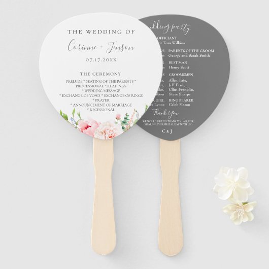 Blush Roze Bloemen Trouwprogramma Hand Fans Handwaaier (Voorkant en achterkant)