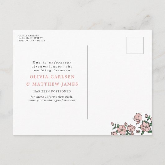 Blush roze bloemen uitgesteld bruiloft aankondigingskaart (Achterkant)