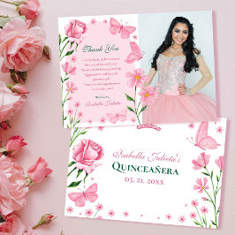 Blush roze bloemen vlinders Foto Quinceañera Bedankkaart