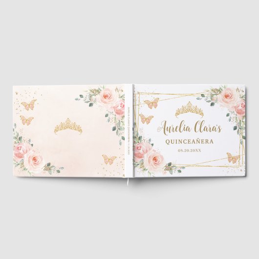 Blush Roze Bloemen Vlinders Goud Quinceanera Gastenboek (Volledig)