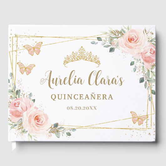 Blush Roze Bloemen Vlinders Goud Quinceanera Gastenboek (Voorkant)