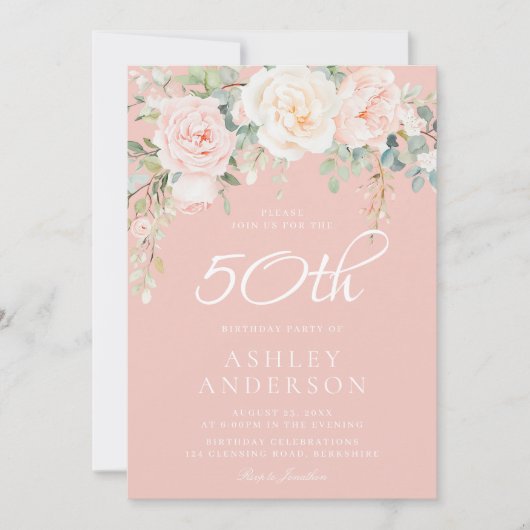 Blush roze bloemen vrouwen 50ste verjaardag kaart (Voorkant)