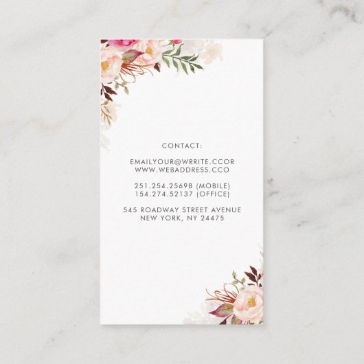 Blush Roze Bloemen Waterverf Elegant Visitekaartje (Achterkant)