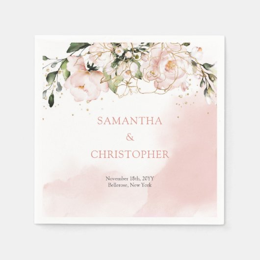 Blush Roze Bloemen Waterverf Roos Bruiloft Servett Servet (Voorkant)