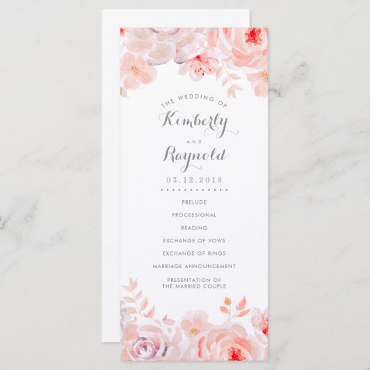Blush Roze Bloemen Waterverf Trouwprogramma's Programmakaart (Voorkant / Achterkant)
