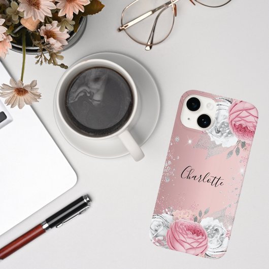 Blush roze bloemen zilver gebladerte glitter naam Case-Mate iPhone case