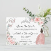 Blush Roze Bloemen Zilver Quinceanera Sweet Sixtee Save The Date (Staand voorkant)