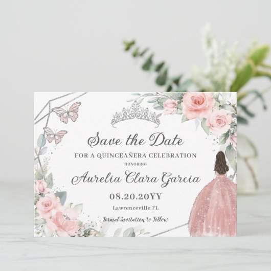 Blush Roze Bloemen Zilver Quinceanera Sweet Sixtee Save The Date (Staand voorkant)