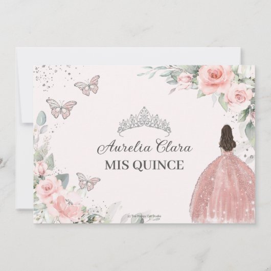 Blush Roze Bloemen Zilver Quinceanera Sweet Sixtee Save The Date (Achterkant)