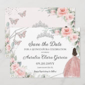 Blush Roze Bloemen Zilver Quinceanera Sweet Sixtee Save The Date (Voorkant / Achterkant)
