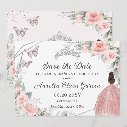 Blush Roze Bloemen Zilver Quinceanera Sweet Sixtee Save The Date (Voorkant / Achterkant)