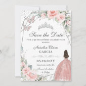 Blush Roze Bloemen Zilver Quinceanera Sweet Sixtee Save The Date (Voorkant)