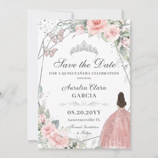 Blush Roze Bloemen Zilver Quinceanera Sweet Sixtee Save The Date (Voorkant)