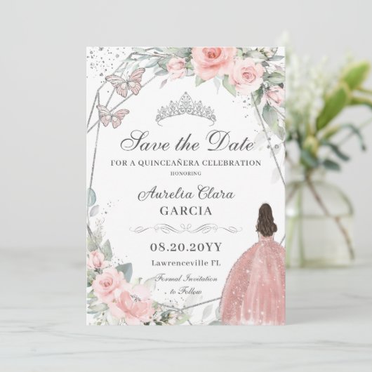 Blush Roze Bloemen Zilver Quinceanera Sweet Sixtee Save The Date (Staand voorkant)
