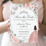 Blush Roze Bloemen Zilver Quinceanera Sweet Sixtee Save The Date<br><div class="desc">c) De Happy Cat Studio</div>