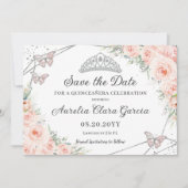 Blush Roze Bloemen Zilver Quinceañera Zoet Zestien Save The Date (Voorkant)