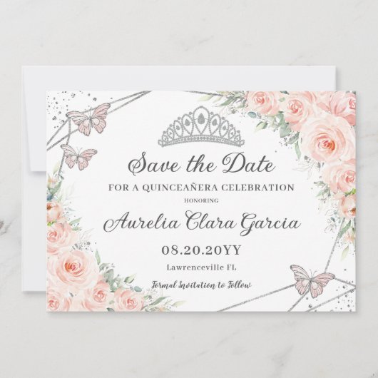 Blush Roze Bloemen Zilver Quinceañera Zoet Zestien Save The Date (Voorkant)