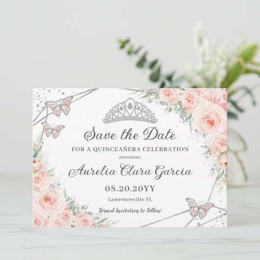 Blush Roze Bloemen Zilver Quinceañera Zoet Zestien Save The Date (Staand voorkant)