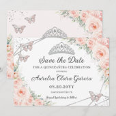 Blush Roze Bloemen Zilver Quinceañera Zoet Zestien Save The Date (Voorkant / Achterkant)