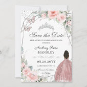 Blush Roze Bloemen Zilver Zoet Zestien Bruin Meisj Save The Date (Voorkant)