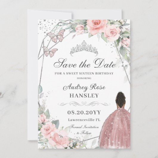 Blush Roze Bloemen Zilver Zoet Zestien Bruin Meisj Save The Date (Voorkant)