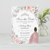 Blush Roze Bloemen Zilver Zoet Zestien Bruin Meisj Save The Date (Staand voorkant)