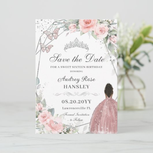 Blush Roze Bloemen Zilver Zoet Zestien Bruin Meisj Save The Date (Staand voorkant)