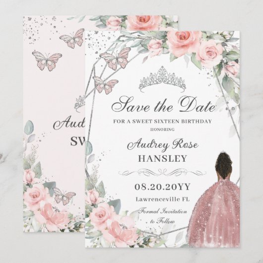 Blush Roze Bloemen Zilver Zoet Zestien Bruin Meisj Save The Date (Voorkant / Achterkant)