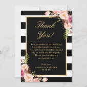 Blush Roze Bloemen Zwart Wit Strepen Bruiloft Bedankkaart (Voorkant)