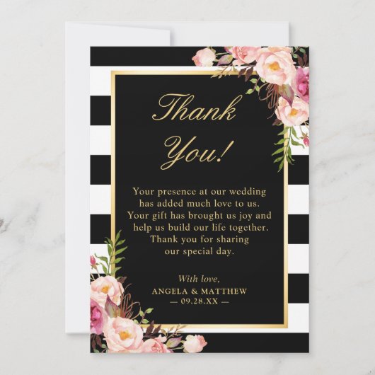 Blush Roze Bloemen Zwart Wit Strepen Bruiloft Bedankkaart (Voorkant)