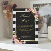 Blush Roze Bloemen Zwart Wit Strepen Bruiloft Bedankkaart