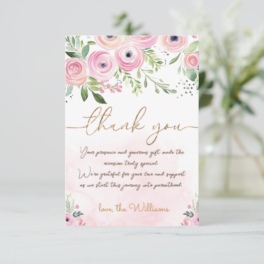Blush roze bloemenbaby Meisje douche Bedankkaart (Staand voorkant)