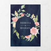 Blush roze bloemenbloesem foto marineblauw bruilof drieluik uitnodiging (Cover)