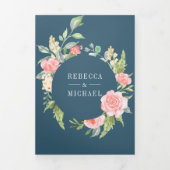 Blush roze bloemenbloesem foto stoffige blauwe bru drieluik uitnodiging (Cover)