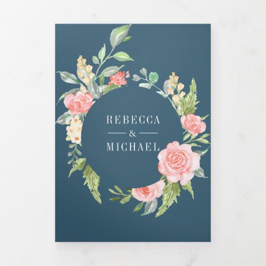 Blush roze bloemenbloesem foto stoffige blauwe bru drieluik uitnodiging (Cover)