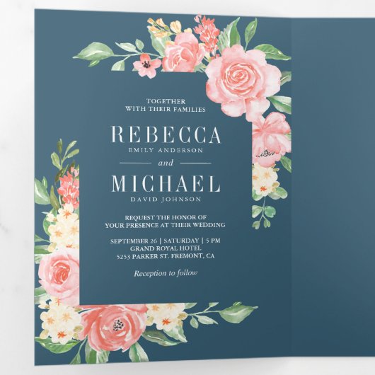 Blush roze bloemenbloesem foto stoffige blauwe bru drieluik uitnodiging (Binnenzijde eerst)