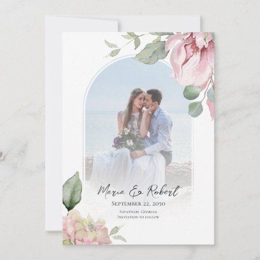 Blush roze bloemenboog elegante bruiloft save the date (Voorkant)