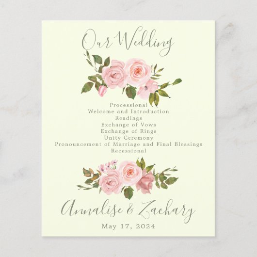 Blush roze bloemenbruiloft ceremonie programma (Voorkant)