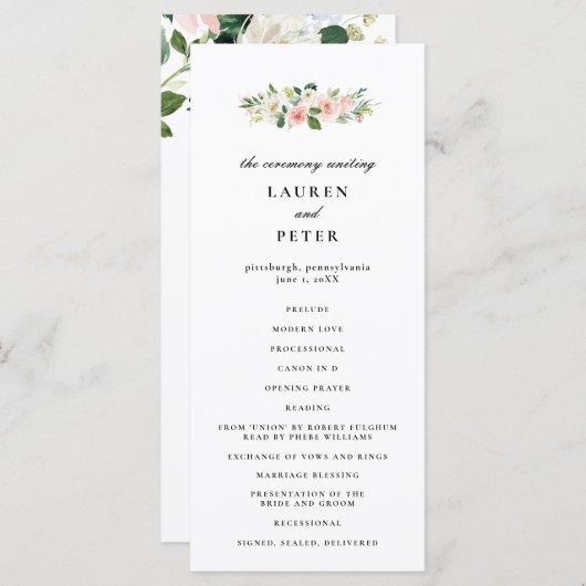 Blush roze bloemenbruiloft ceremonie programma programmakaart (Voorkant / Achterkant)