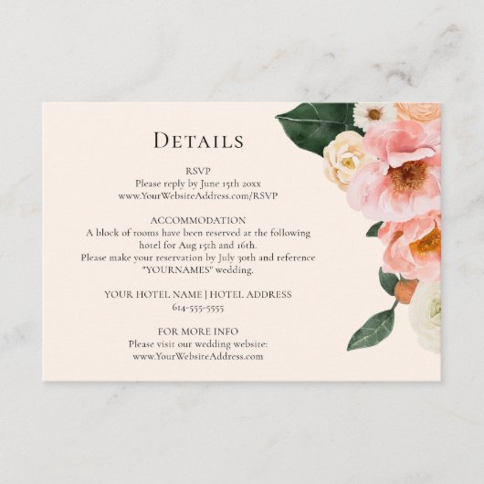Blush roze bloemenbruiloft details informatiekaartje (Voorkant)