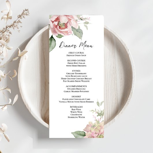 Blush roze bloemenbruiloft diner menu