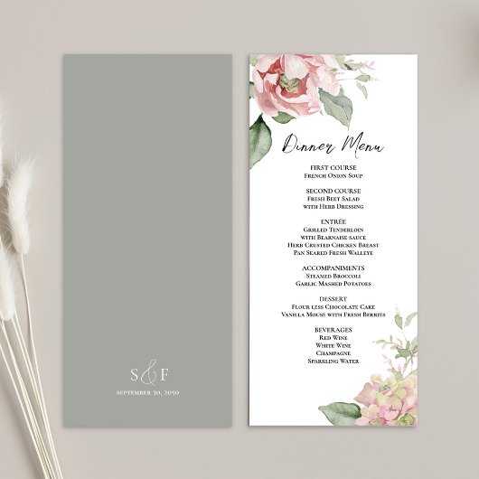 Blush roze bloemenbruiloft diner menu