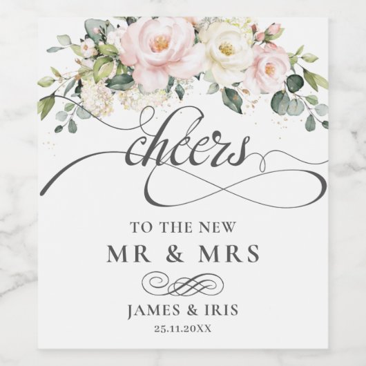 Blush roze bloemenbruiloft Jubileum Wijn Etiket (Enkel label)