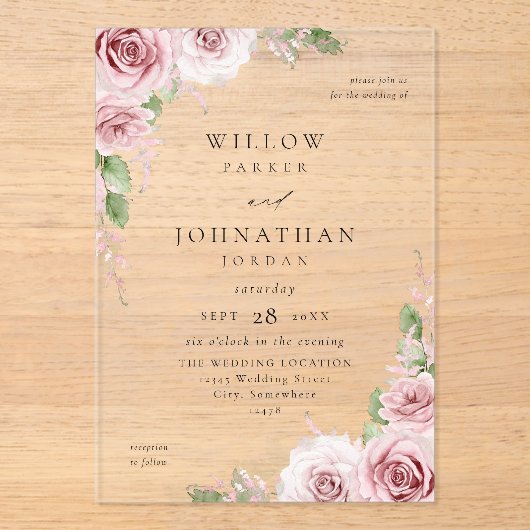 Blush roze bloemenbruiloft V2 Acryl Uitnodigingen (Voorkant)