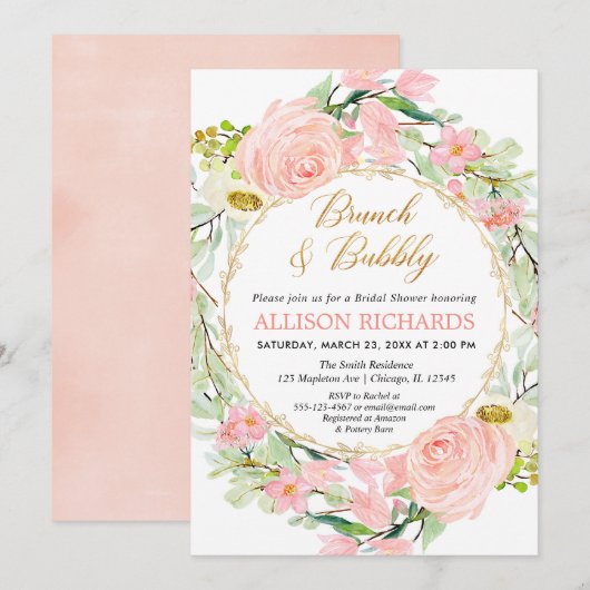 Blush roze bloemenbrunch en Bubbly Vrijgezellenfee Kaart (Voorkant / Achterkant)