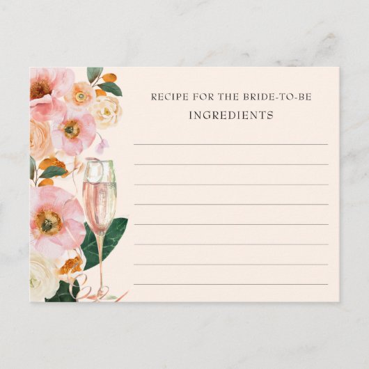 Blush roze bloemenchampagne recept voor de bruid briefkaart (Voorkant)