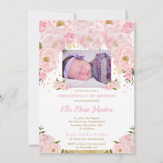 Blush roze bloemendoop 1e verjaardag feestfoto kaart (Voorkant)