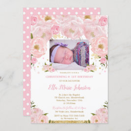 Blush roze bloemendoop 1e verjaardag feestfoto kaart