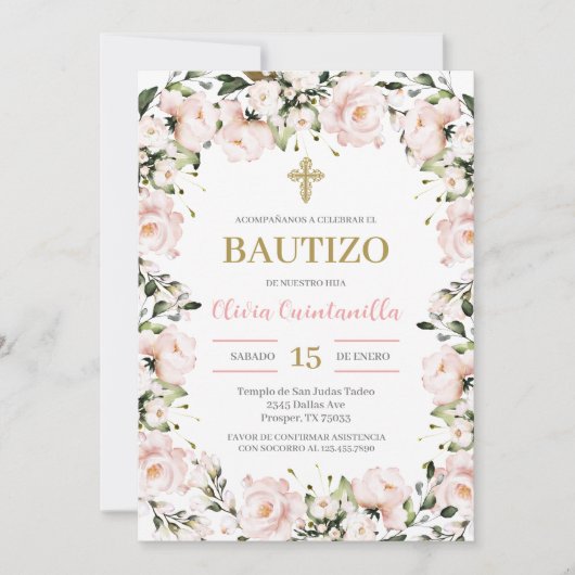 Blush roze bloemendoop Spaanse uitnodiging (Voorkant)